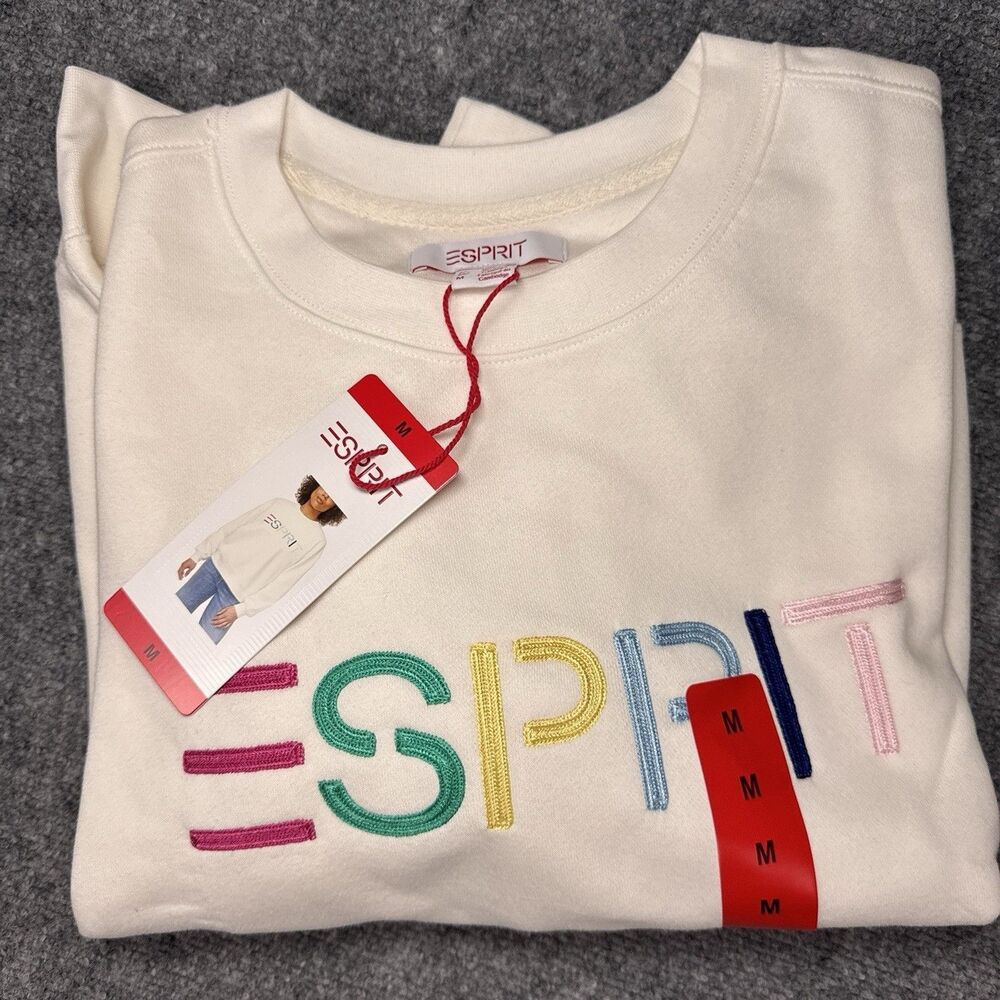 Esprit Women's Logo Fleece Crewneck Sweatshirt Cream Viral 80's Costco Med NEW - Picture 2 of 6
